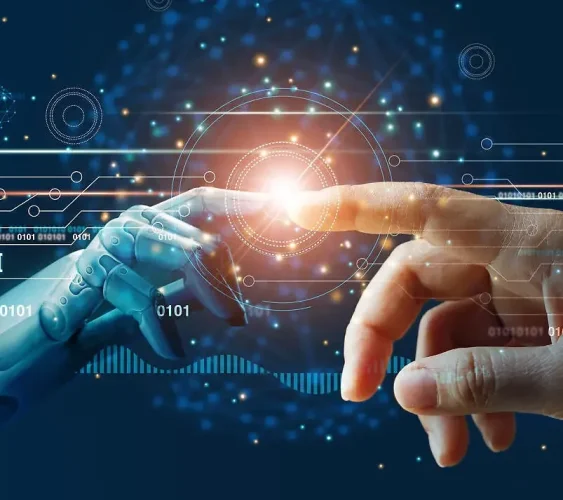 AI, Machine learning, Hands of robot and human touching on big data network connection background, Science and artificial intelligence technology, innovation and futuristic.